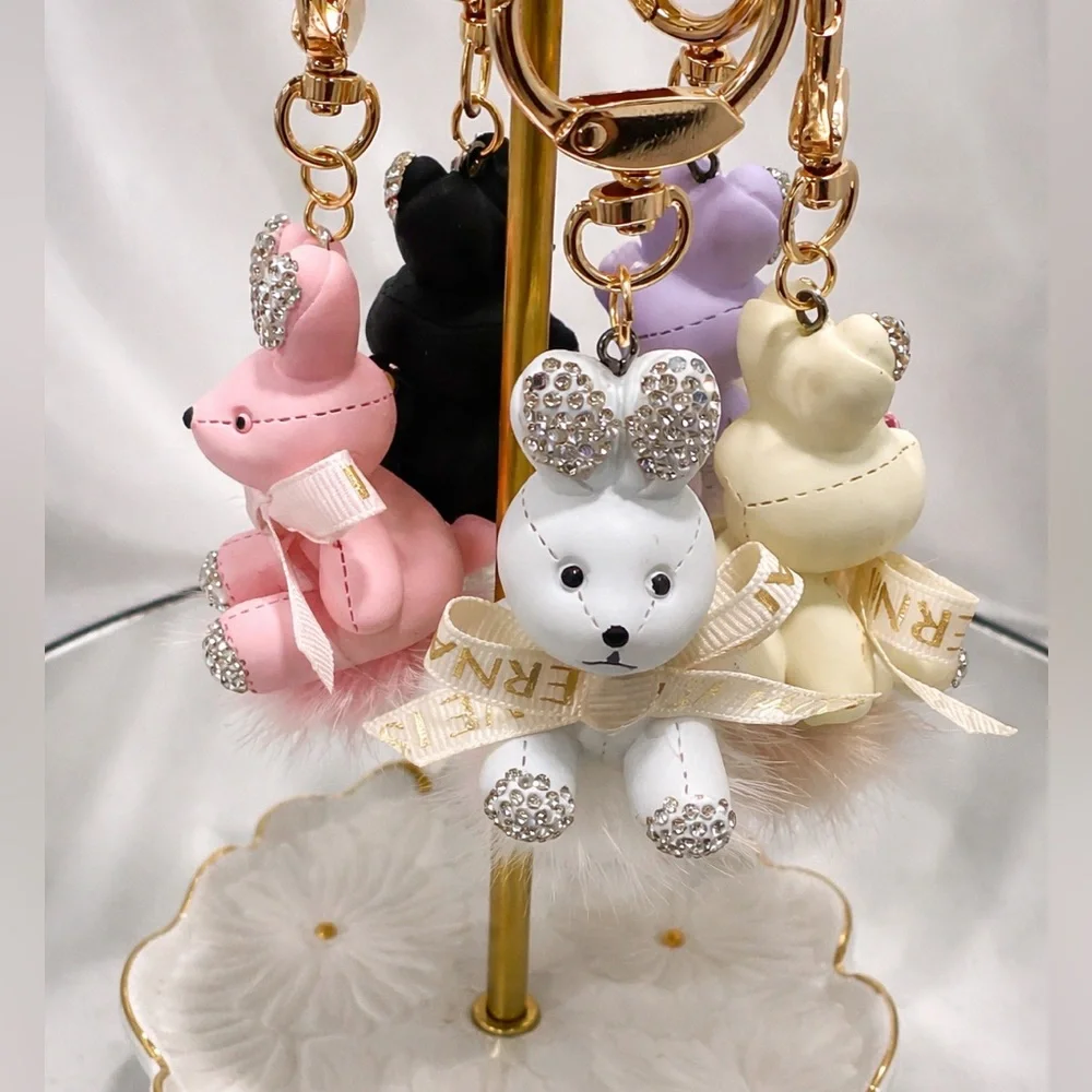 WHITE Bunny Pom Pom Keychain Bag Charm -